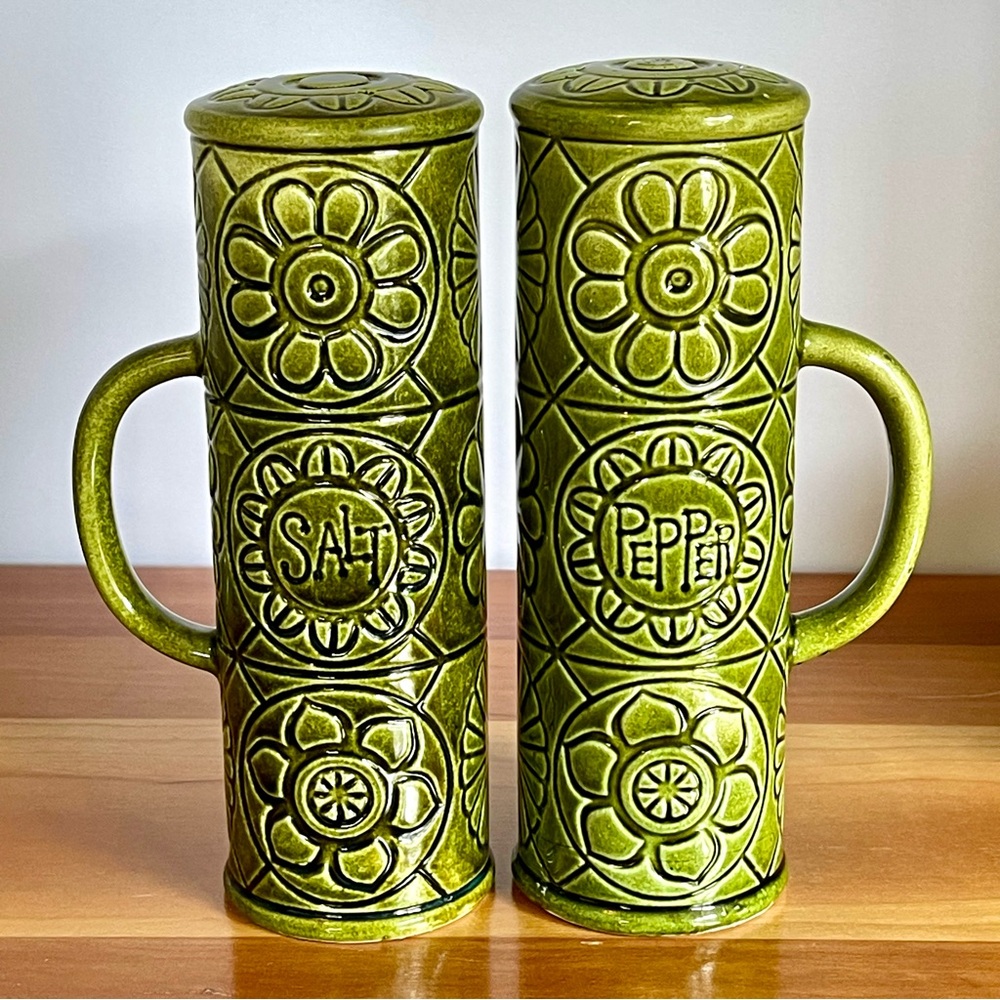 MCM Tall Olive Green Mid Century Salt and Pepper Shakers Made in Japan